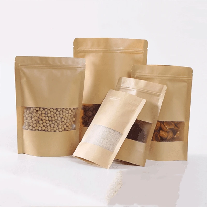 Recyclable Kraft Paper Sachet Stand Up Food Pouch Kraft Paper Doypack Bag With Window, Sachet Ziplock Kraft Stand Up Paper Pouch