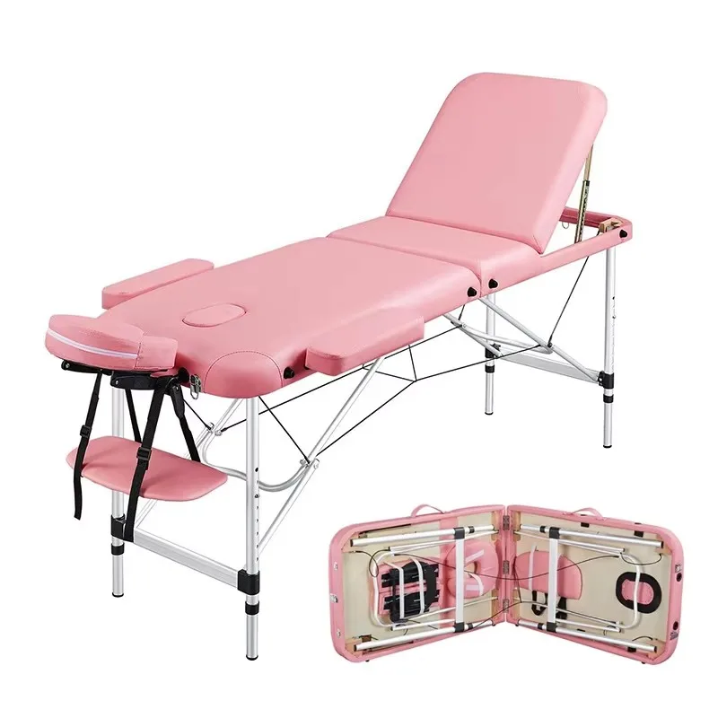 Hot selling portable SPA face 3 section massage table aluminum portable folding lash bed pink salon furniture