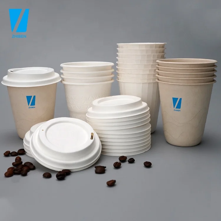 Zhiben eco flat compostable cold drink bamboo pulp paper Black Coffee embossed logo paper cup with lid