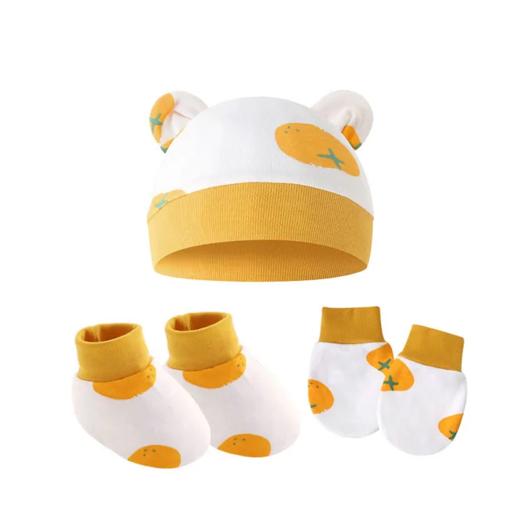 Baby Cotton Fetal Hat Scratchy Gloves And Foot Covers 3-Piece Set For Newborn Ear Hat 0-6 Months