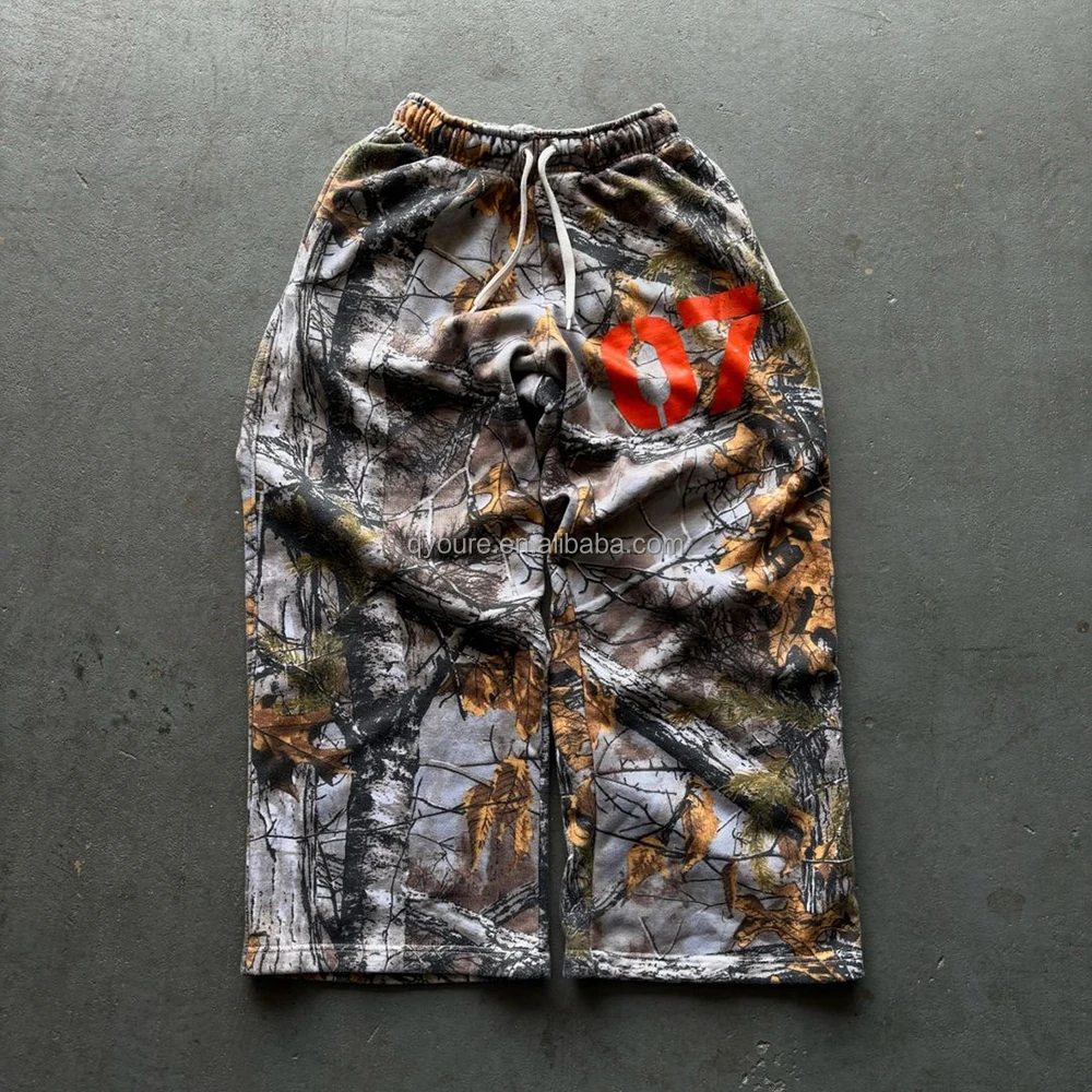 QYOURECLO custom screen print streetwear 100% cotton french terry mens wide leg baggy real tree camo sweat pants