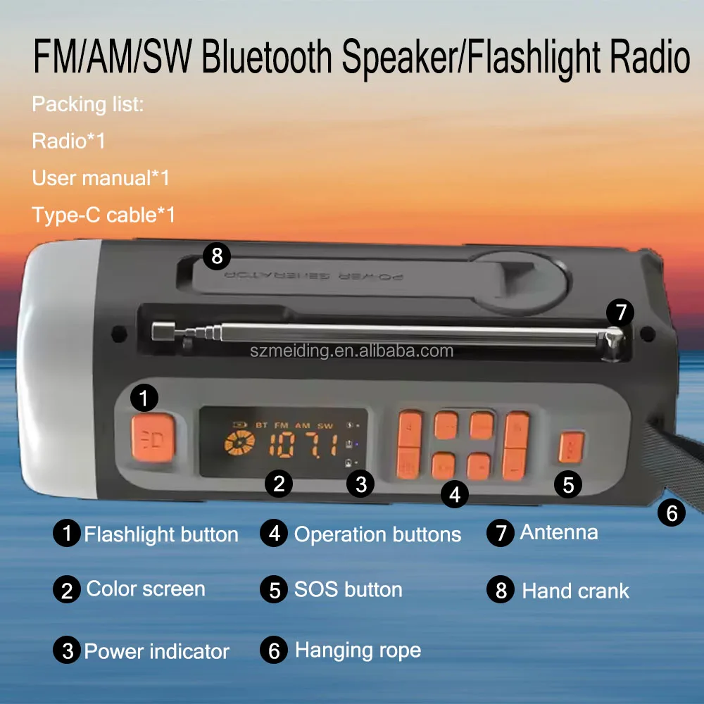 Portable Mini USB MP3 Wireless Flashlight Radio LED Hand Crank Dynamo Outdoor featuring Solar Power 3 Models AM FM Radio SOS