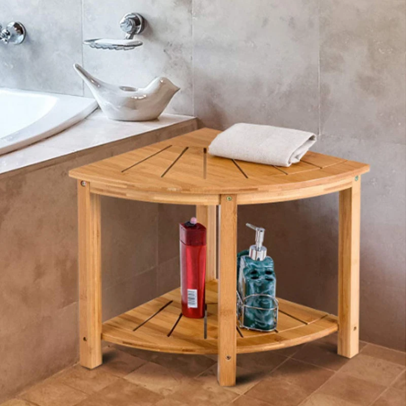 2-Tier Wood Storage & Seat Solid Bamboo Bench Corner Shower Bath Spa Stool