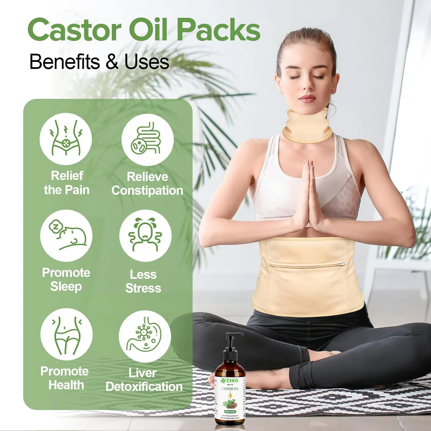 Cold Pressed Organic Castor Oil with Pack Wrap Organic Cotton, Castor Oil Unrefined Recyclable Bottle,Reusable Castor Oil Packs