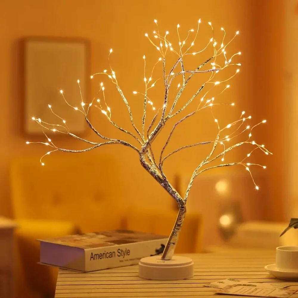 USB Battery Operated Touch Control Fancy Table Christmas Tree Light 108LED  Blossom Copper Wire Silver Branch Bonsai Tree  Light