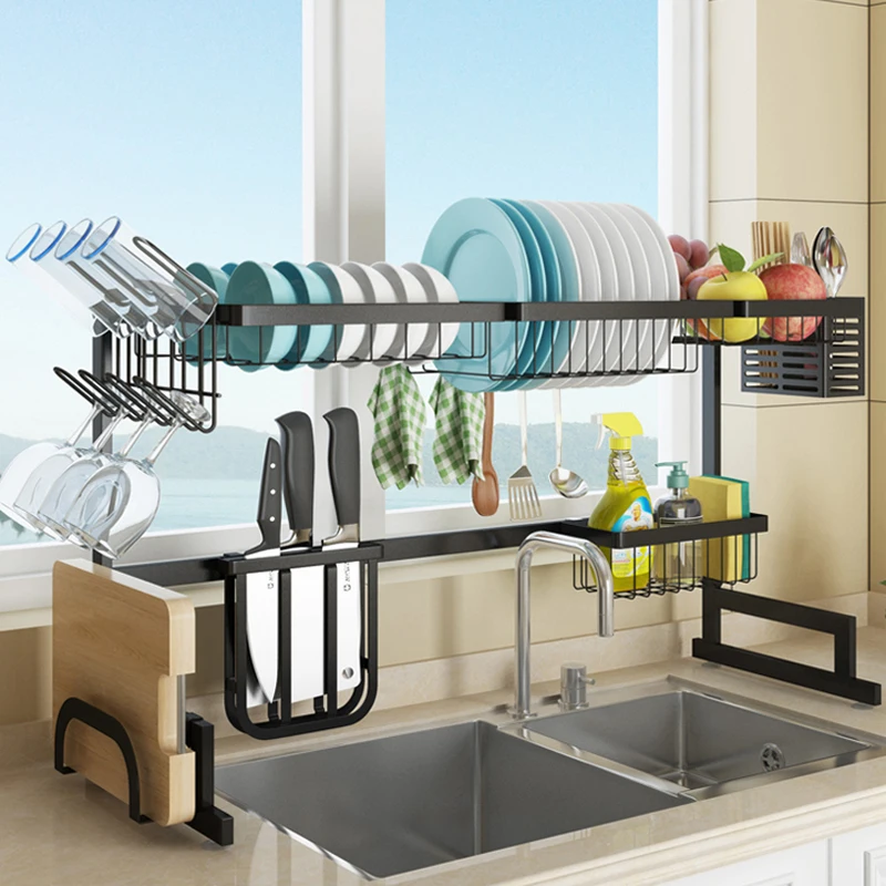 High Quality Over The Sink 2 Tier Stainless Steel Folding Dish Drying Rack Dish Bowl Cups Spoon Storage Rack Kitchen Storage