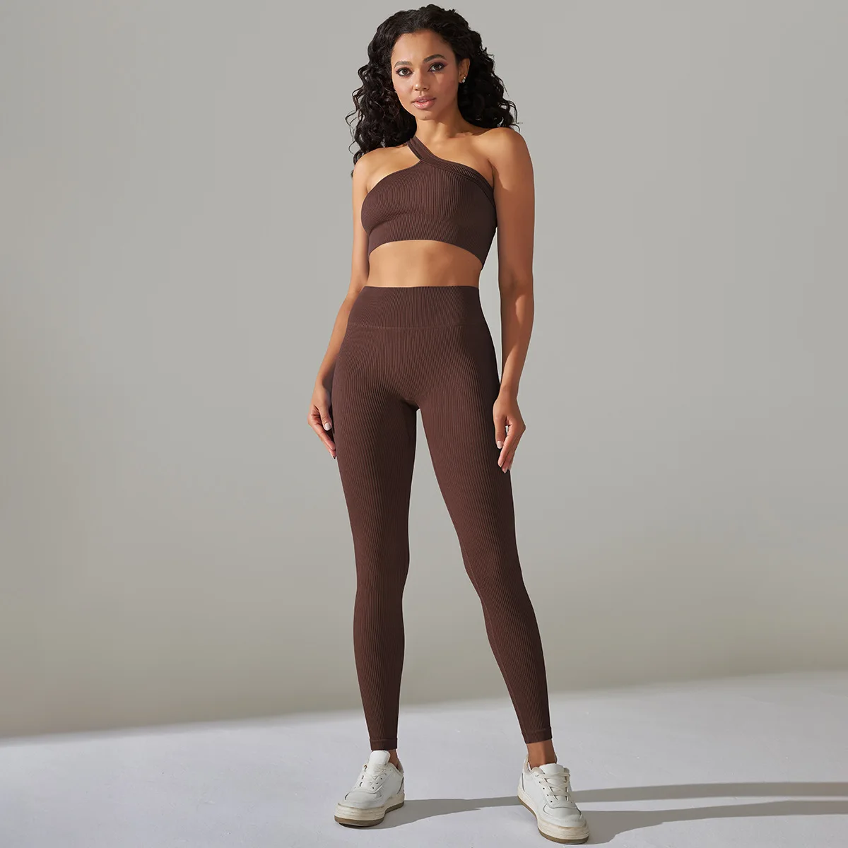 Women Ribbed Activewear Set Two Piece Seamless Bra Legging Set One Shoulder Sports Bra Set