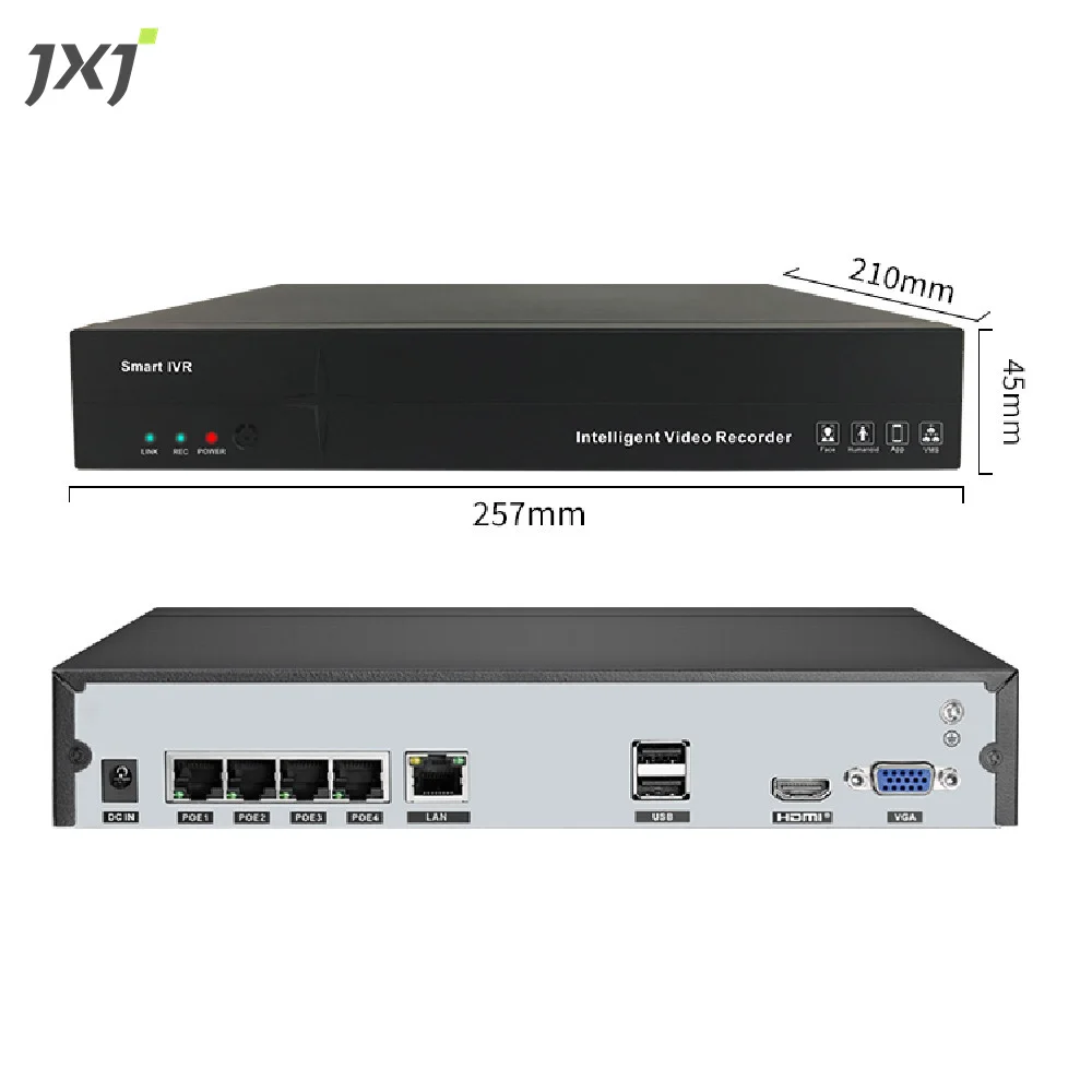 JXJ Manufacturer Outside Inside Waterproof 5MP HD 4CH Channels Smart Home Cctv 4 Bullet Camera Wall Outlets NVR Set Kit POE