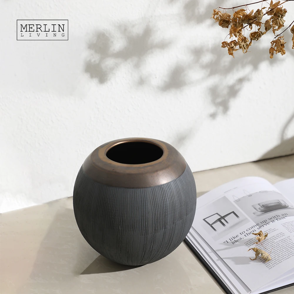 Merlin Living vintage metal copper glazed plating pottery vase fluted geometric spherical round home decor for ceramic vase