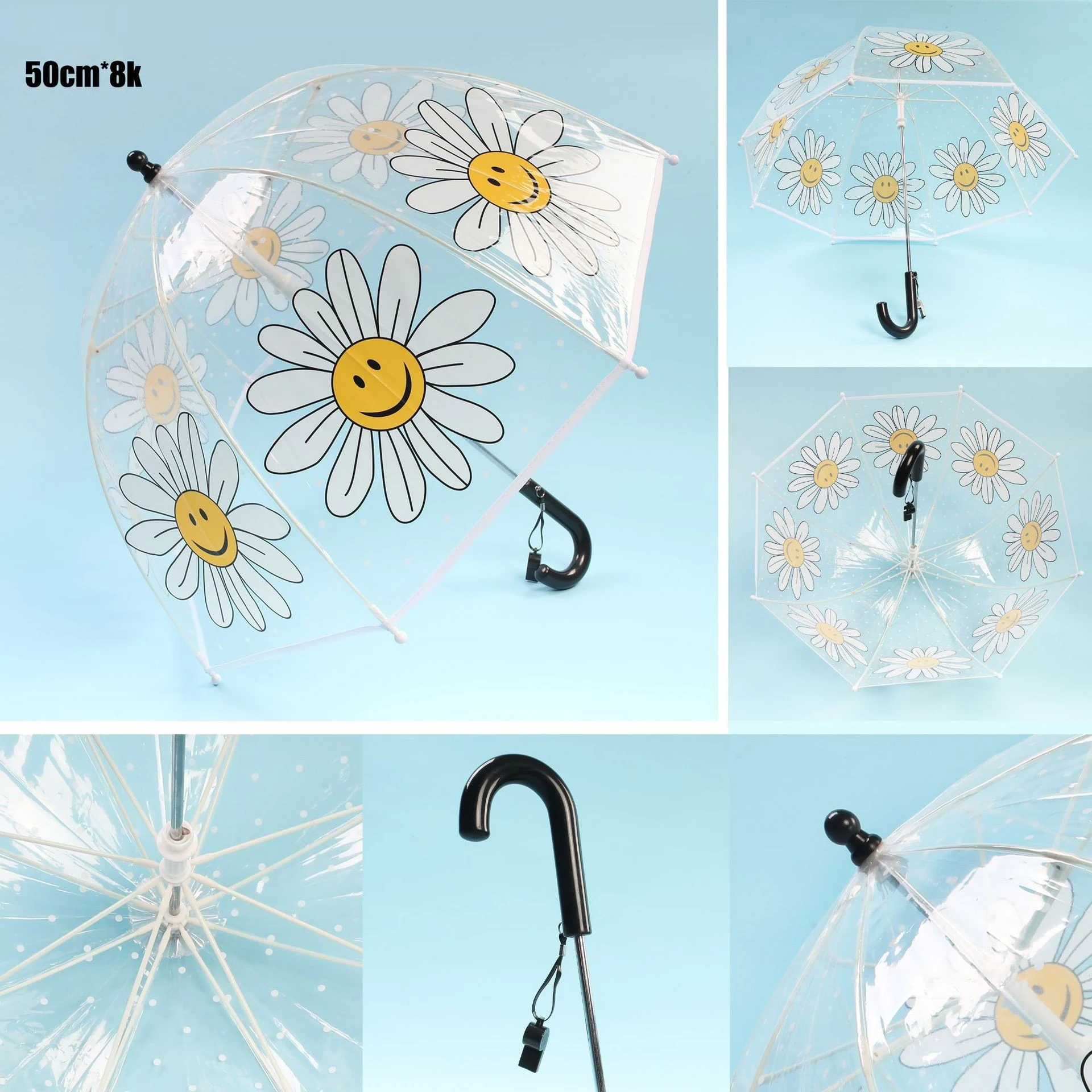 DD2812  Cartoon Flower Daisy Clear Umbrellas 3-8 Years Stick Rain Umbrella POE Kids Girls Boy Cute Sunflower Children Umbrella