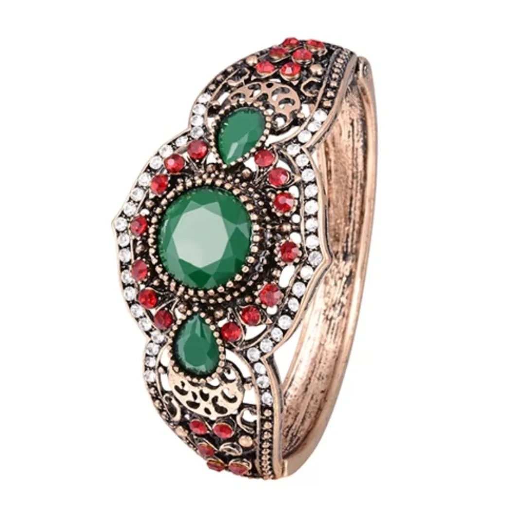 Jane Eyre Wholesale Fashion Turkish Jewelry Antique Gold Red and Green Resin Crystal Rhinestone Alloy Bangle