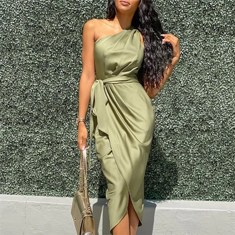 High quality sexy women satin green slim ladies dress One Shoulder Ruched Design Party Dress with belt