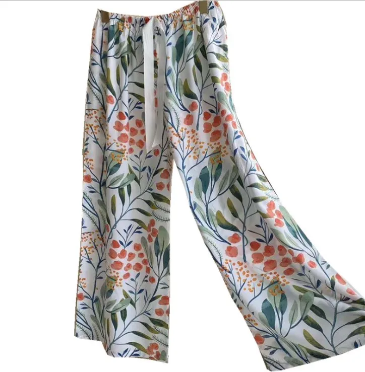 
New design casual women autumn flower print pants drawstring square long wide leg pants women plus size 