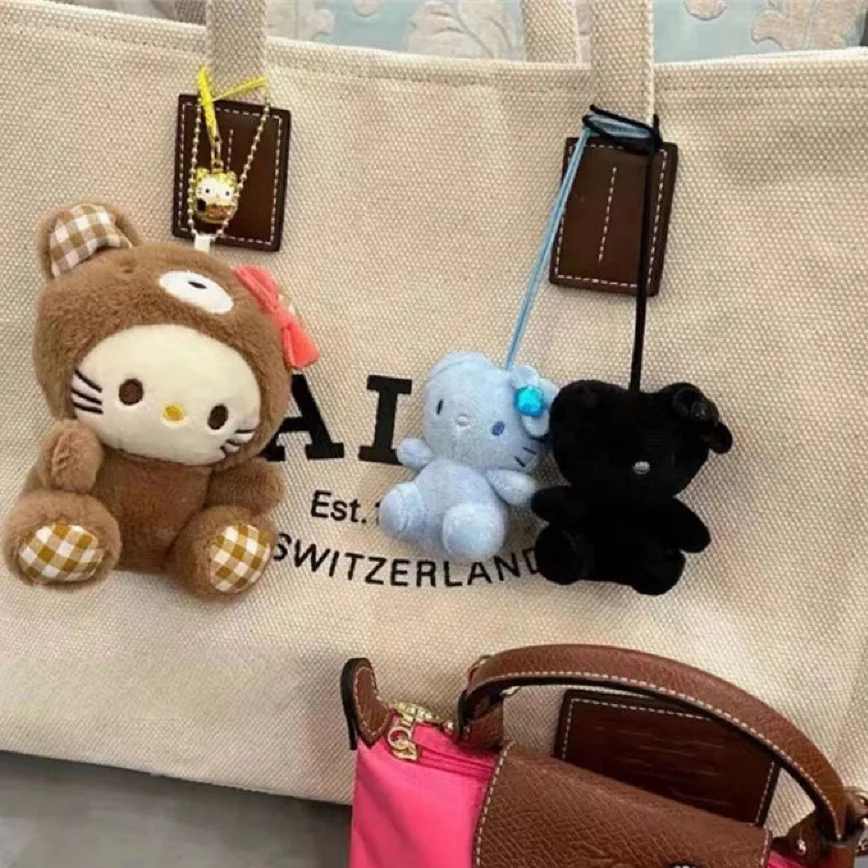 Vintage with diamond cat stuffed toys doll anime schoolbag pendant black and blue skin kt girls gifts mini plush keychain