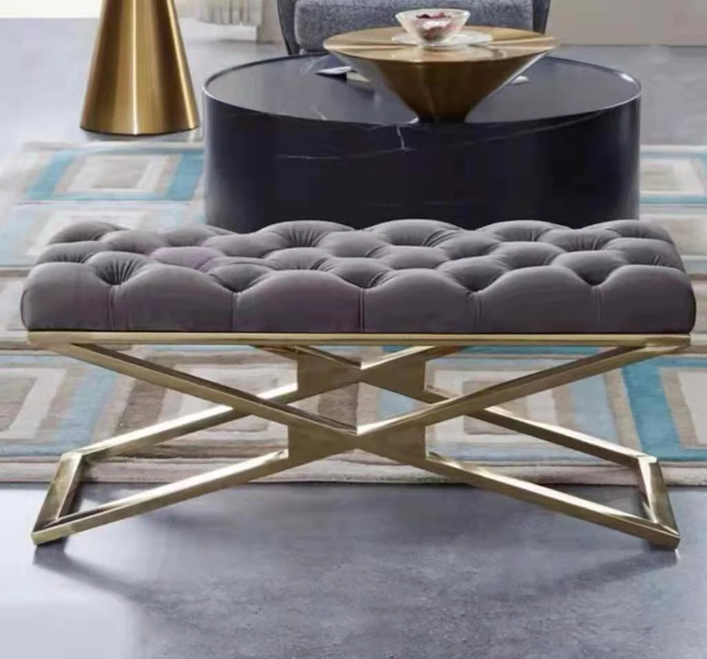 Luxury Living Room Bench Gold Stainless Steel Legs Leather Velvet Chairs Modern Salon Sofa Bed End Stool High-Density Sponge