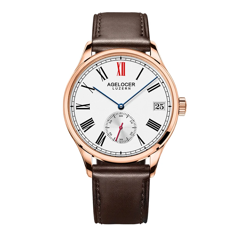 AGELOCER Antique Watch Switzerland Luzern Sport Leather Date Window Day Roman Numerals Relogio Masculino Watch For Men