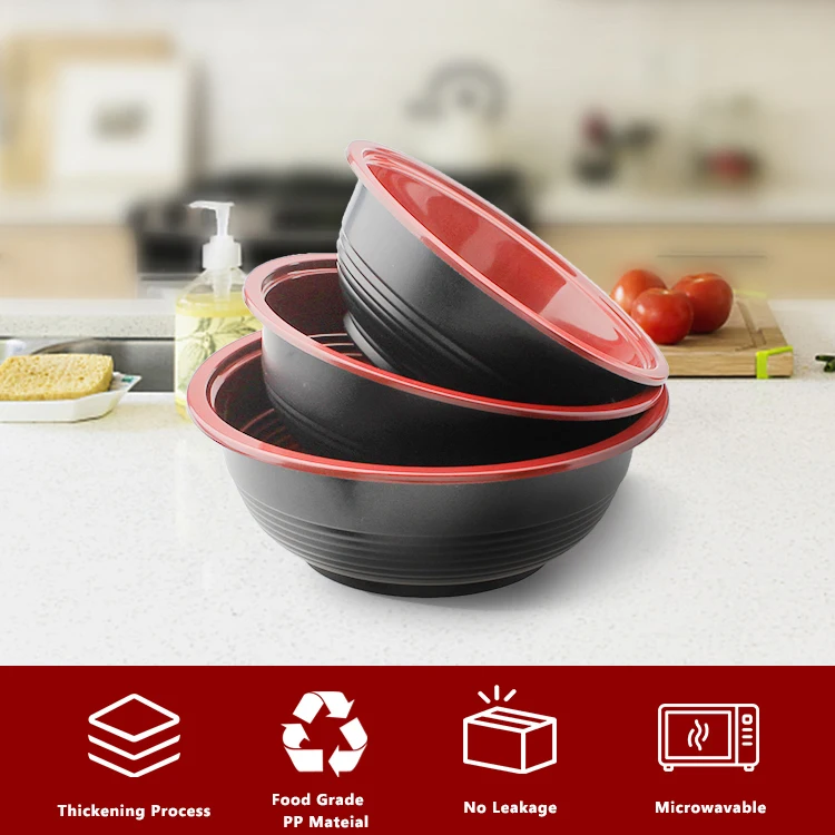 Quality Black Red Disposable Soup Salad Noodle Food Container Plastic Microwave Poke Bowl With