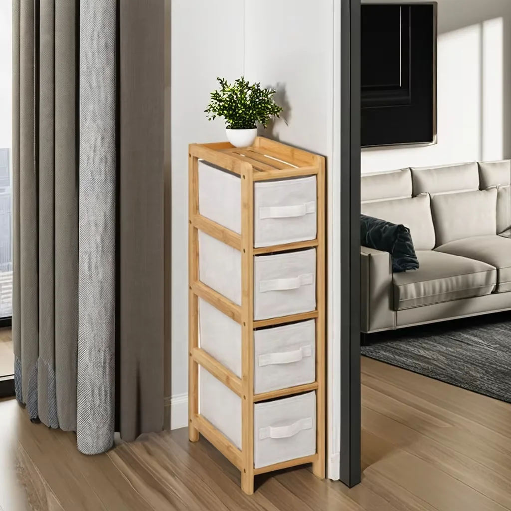 ZB BSCI Factory Bamboo 4-Drawer Standing Type Bathroom Storage Cabinet 4 Level Quality Storage Rack