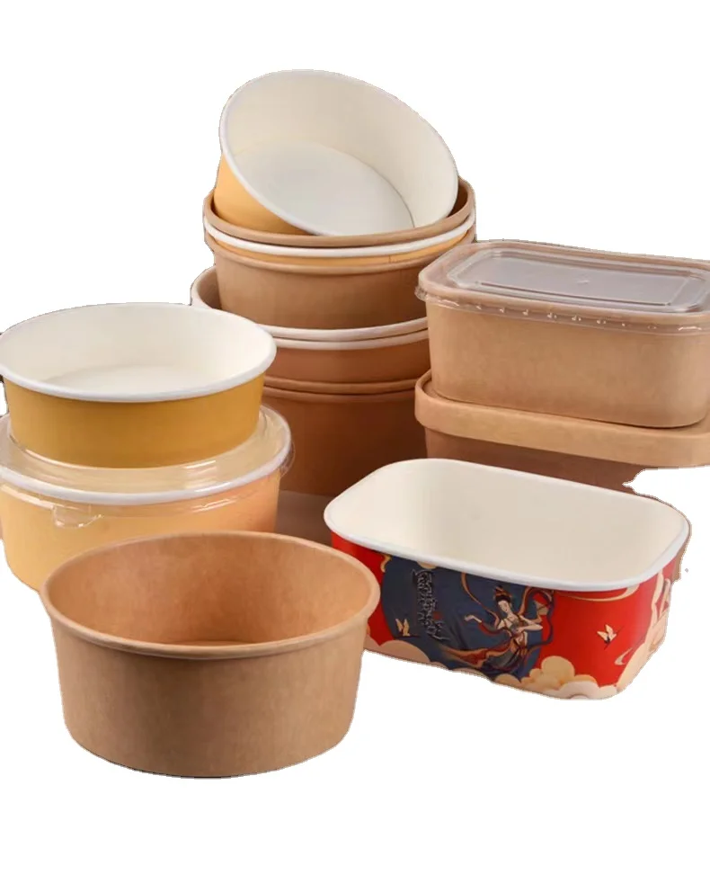IMEE Round Rectangle Disposable Take Out Kraft Paper Bowl 500ml, 750ml, 1000ml 1100ml Salad Noodles Pasta Cake Container