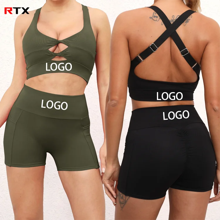 Custom Logo Women Sport Clothes Sports Bra Ladies Gym Fitness Active Wear High Waisted Shorts 2 Piece Set Yoga Set