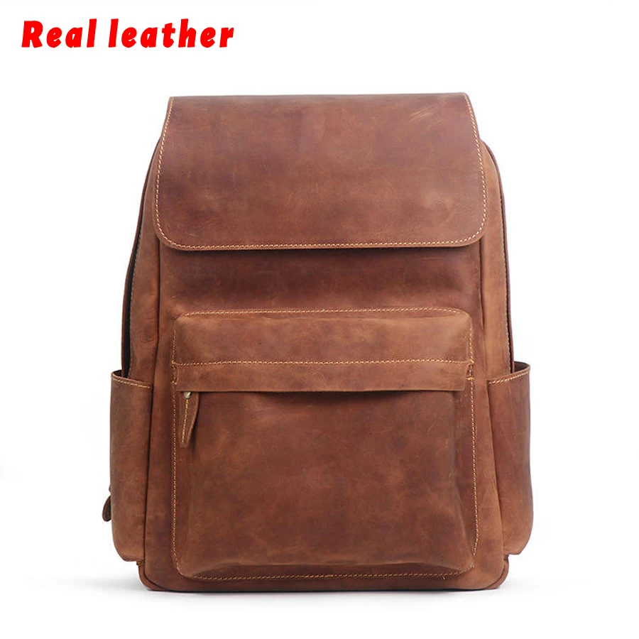 Дорожный рюкзак из натуральной воловьей кожи для ноутбука вместительный Винтажный Мужской Crazy Horse
