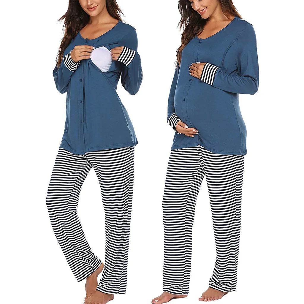  2021 Latest Fashion Loose Comfortable Stripe Pregnant Women Pajamas Maternity Home Wear Two Piece Clothing