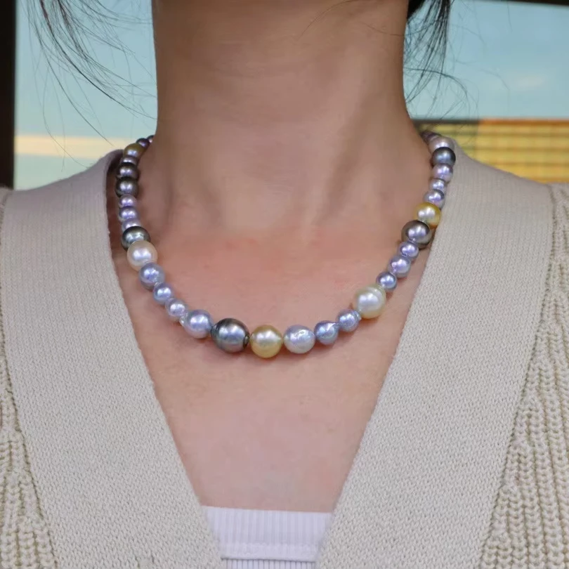 Super gentle mixed color Tahitian gold pearl koya seawater Baroque necklace pearl necklace