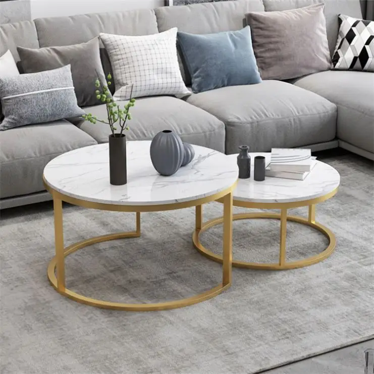Contemporary Round Nesting Bent Black Gold Metal Side Glass Marble Stone Mdf Wood Coffee Table Nest Of 3 Table Set Nesting Table