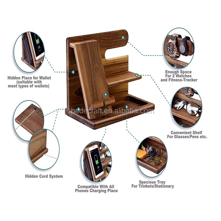 Natural walnut phone docking station key holder wallet watch organizer men gift husband wife tablet stand wood