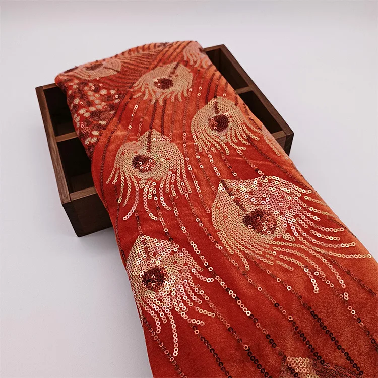 5mm velvet phoenix tail embroidered fabric qipao dress sequin fabric sequin embroidered velvet sequin fabric