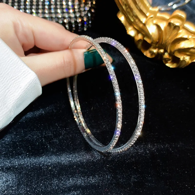  Fashion Statement Jewelry S925 Post Crystal Big Round Hoop Earrings 7.3CM Geometric Rhinestone
