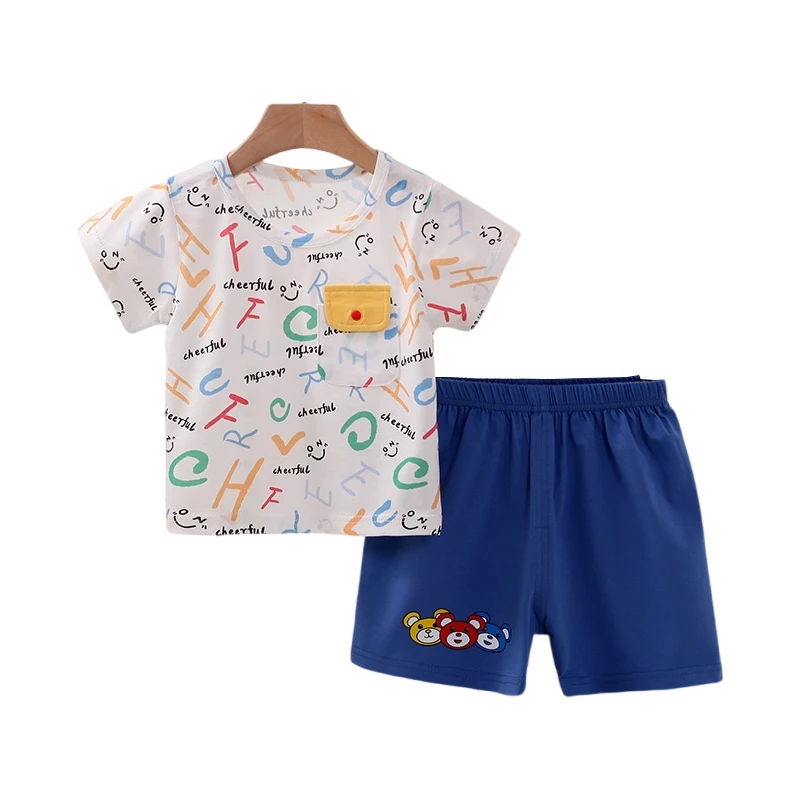 Летний Детский костюм с коротким рукавом, шорты с мультяшным принтом для мальчиков, тонкий комплект из двух предметов, От 0 до 3 лет класс