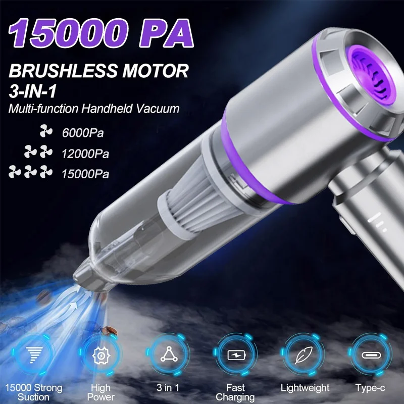 Car Vacuum Cleaner Wireless Brushless Motor 15KPa 3 Gear Handheld Vacuum Cleaner 3-in-1 Air Duster, Mini Vacuum, Compressed Air