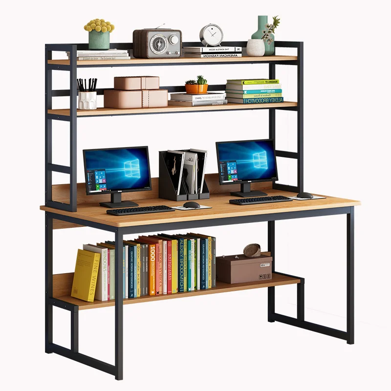 Steel wood desktop bookshelf integrated office desk for student with bookcase