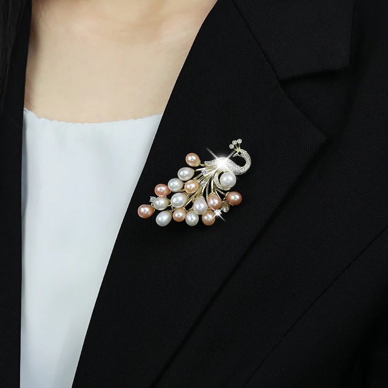 Elegant Peacock Copper Brooch Pin Accessories Zircon Imitation Pearl Corsage Jewelry Needle
