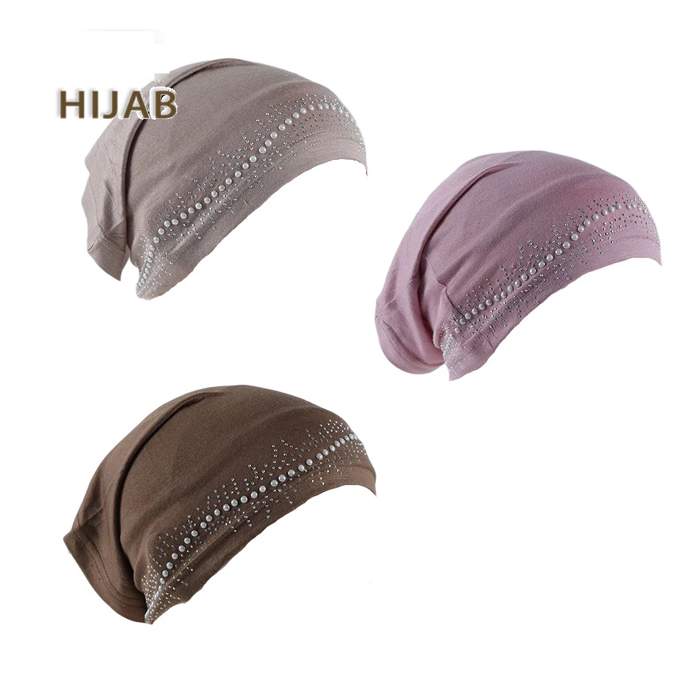 New Inner Hijab Islam Women Cap Bonnet Under Scarf Hat Jersey Tube Caps Modal Head Cover With rhinestone