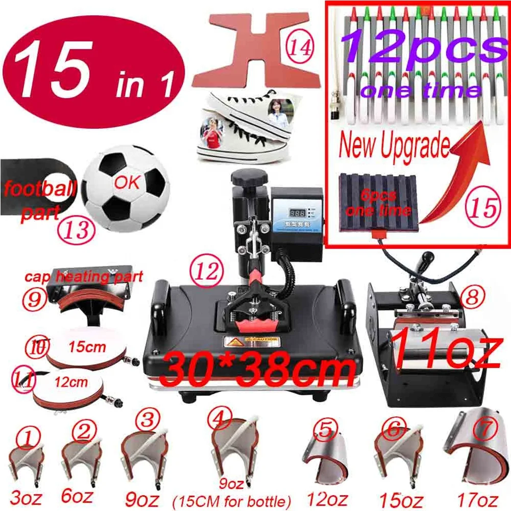 15 In 1 Heat Pen Press Machine Sublimation Printer Shoes Transfer For Mug Tshirt Shoe Bottle