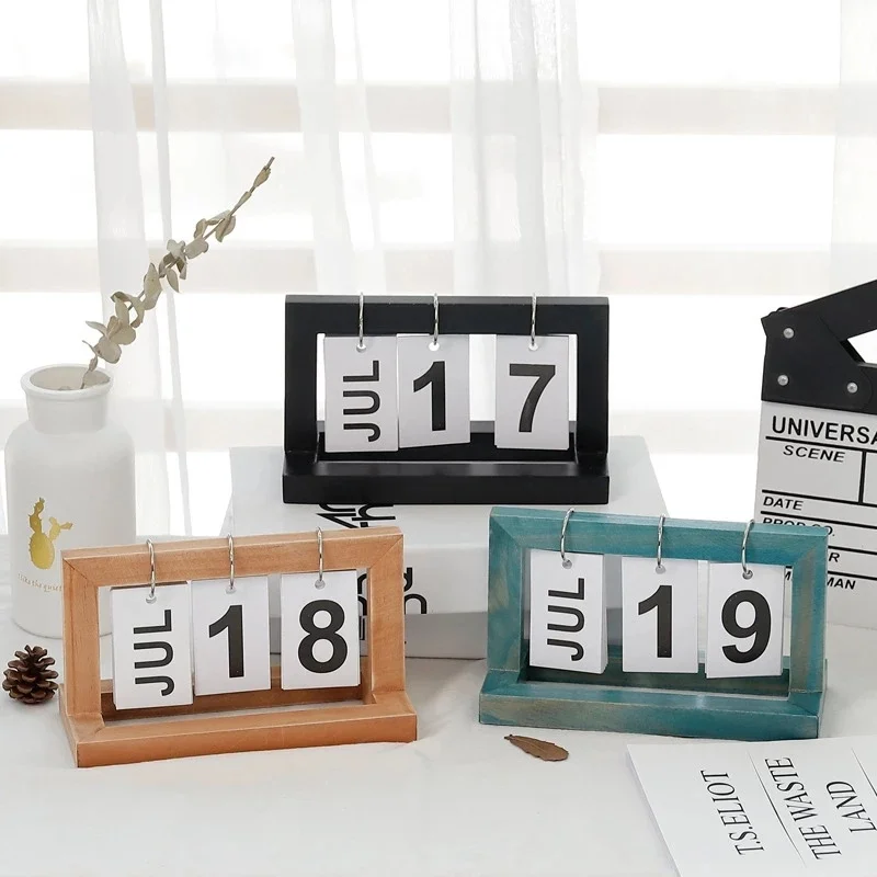 Vintage Wood Block Perpetual Calendar Month Week Date Blocks Home Desk Elegant Christmas Decoration Gift Model Clock Hanger Box