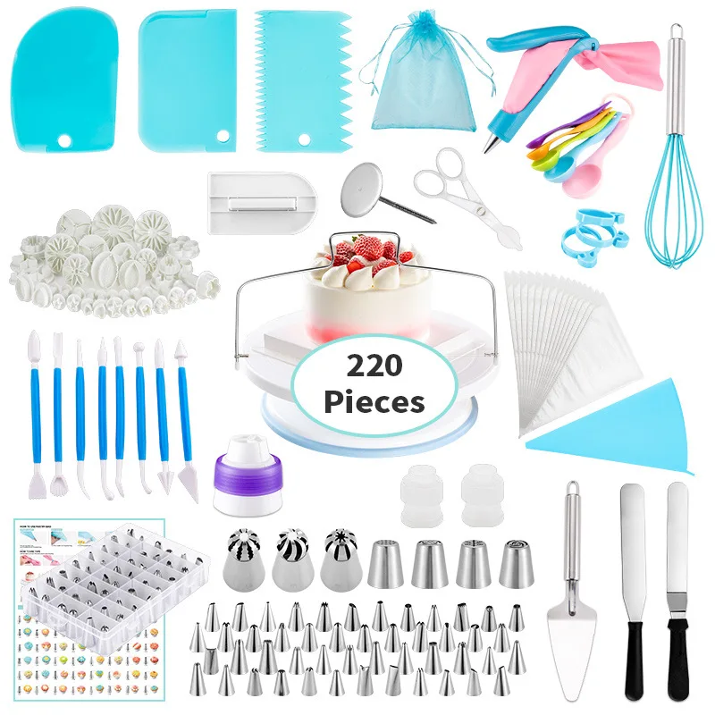 Набор принадлежностей для украшения торта 220 шт. кондитерских инструментов выпечки с вращающимся поворотным механизмом кондитерские мешки глазирования и насадки новичков