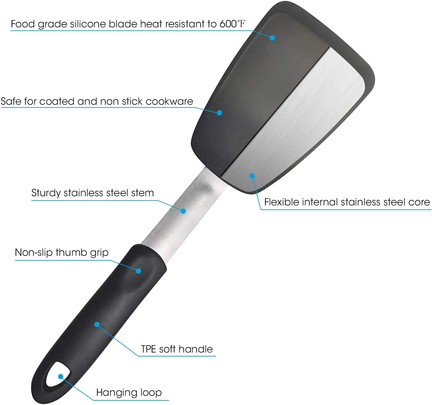 2 Pack Flexible Silicone Spatula, Turner, 600F Heat Resistant, Ideal for Flipping Eggs, Burgers, Crepes and More, Black