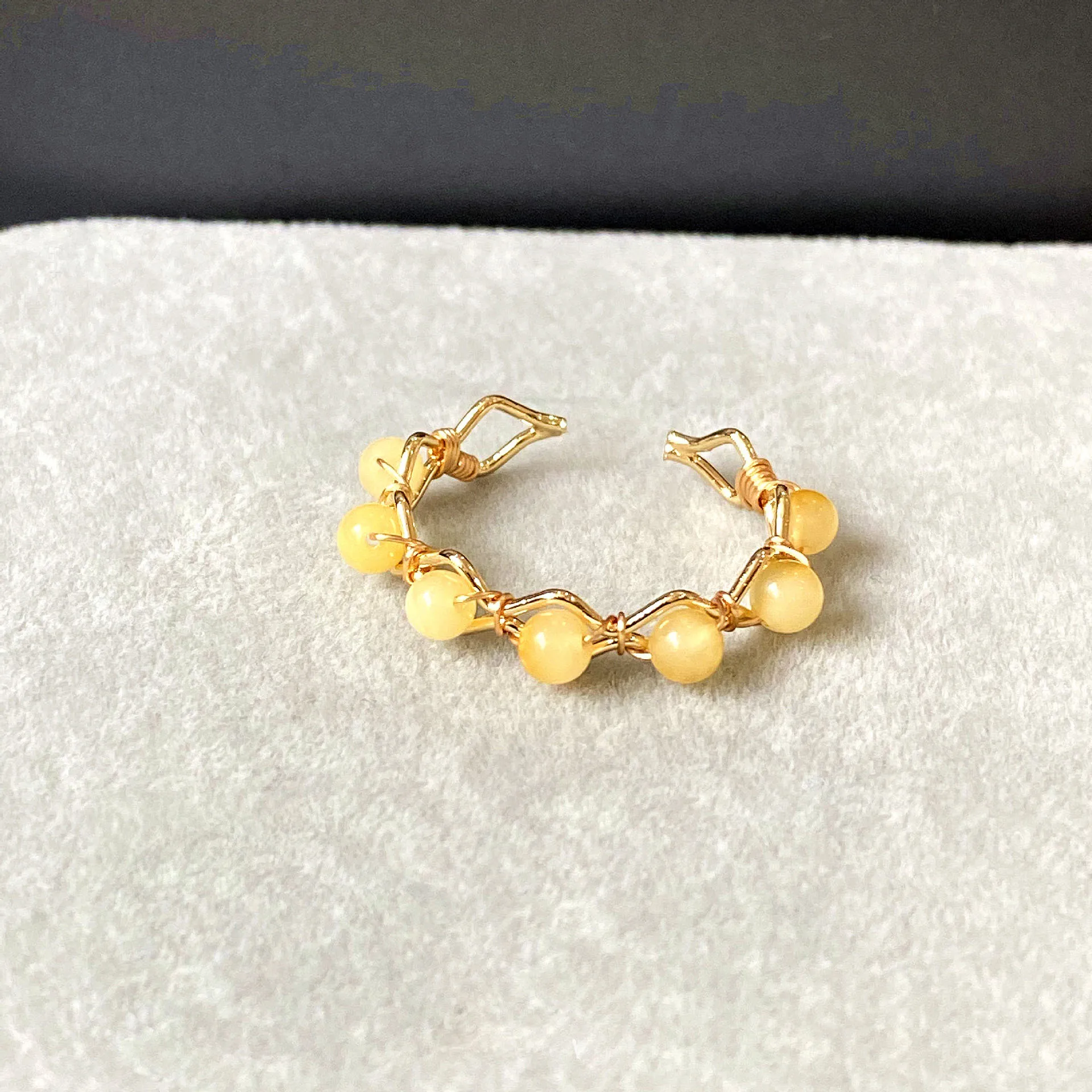 14K Gold Wrapped Winding Natural Color Tourmaline Fresh Water Powder Pearl Amber Beeswax Ring