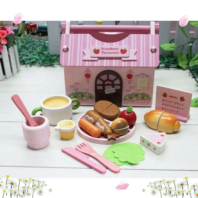 Hot Sale Pink Strawberry Wooden Tea Set and Cake Wooden toy kitchen set for Girls