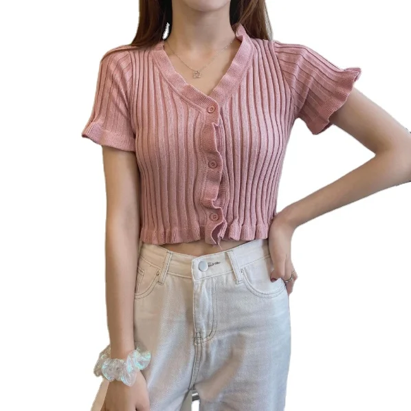 2021 trendy T-shirt knitted fabric short sleeve ruffled v neck women sweater cardigan