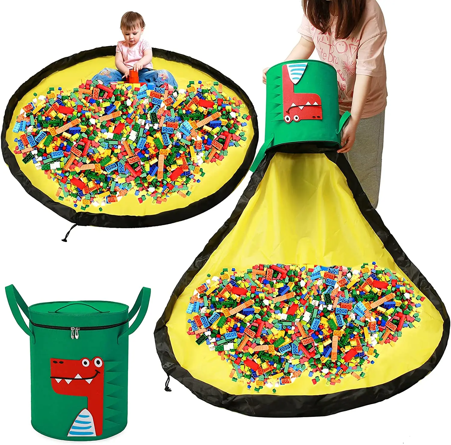Portable Toy Storage Bag and Play Mat Toy Organizer Basket Drawstring blanket Container Bin for Lego Toy Bucket