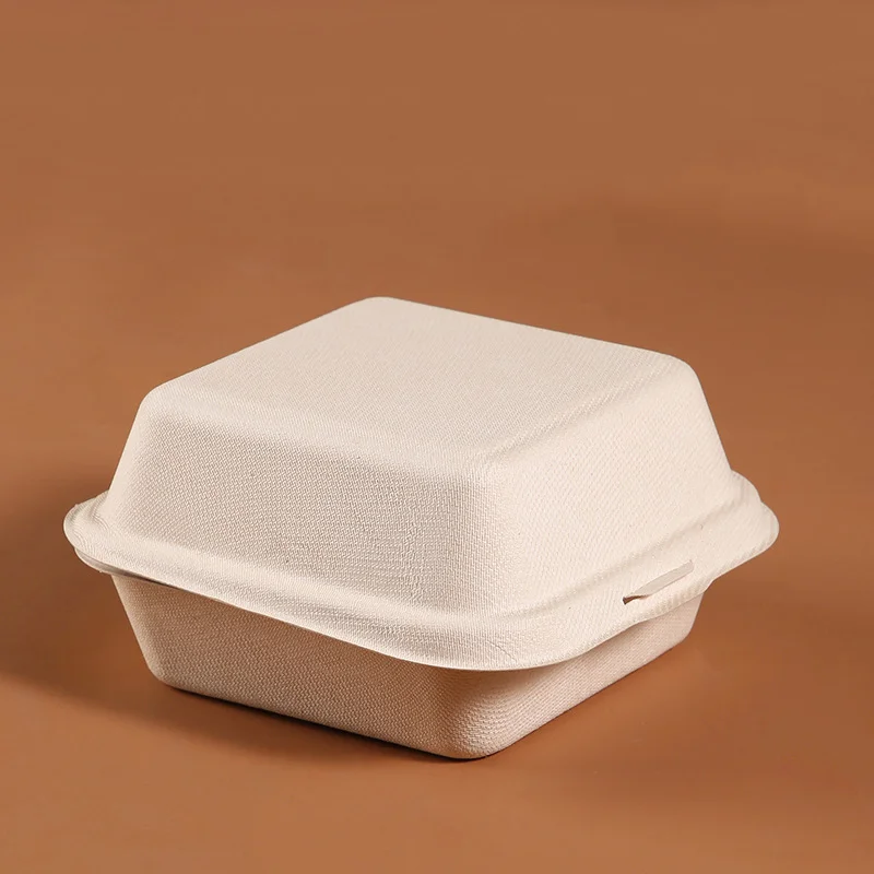 6 Inches Biodegradable Lunch Bagasse Fast Food Takeaway Packaging Corrugated Board Bento Meal Sugarcane Pizza Hamburger Burger