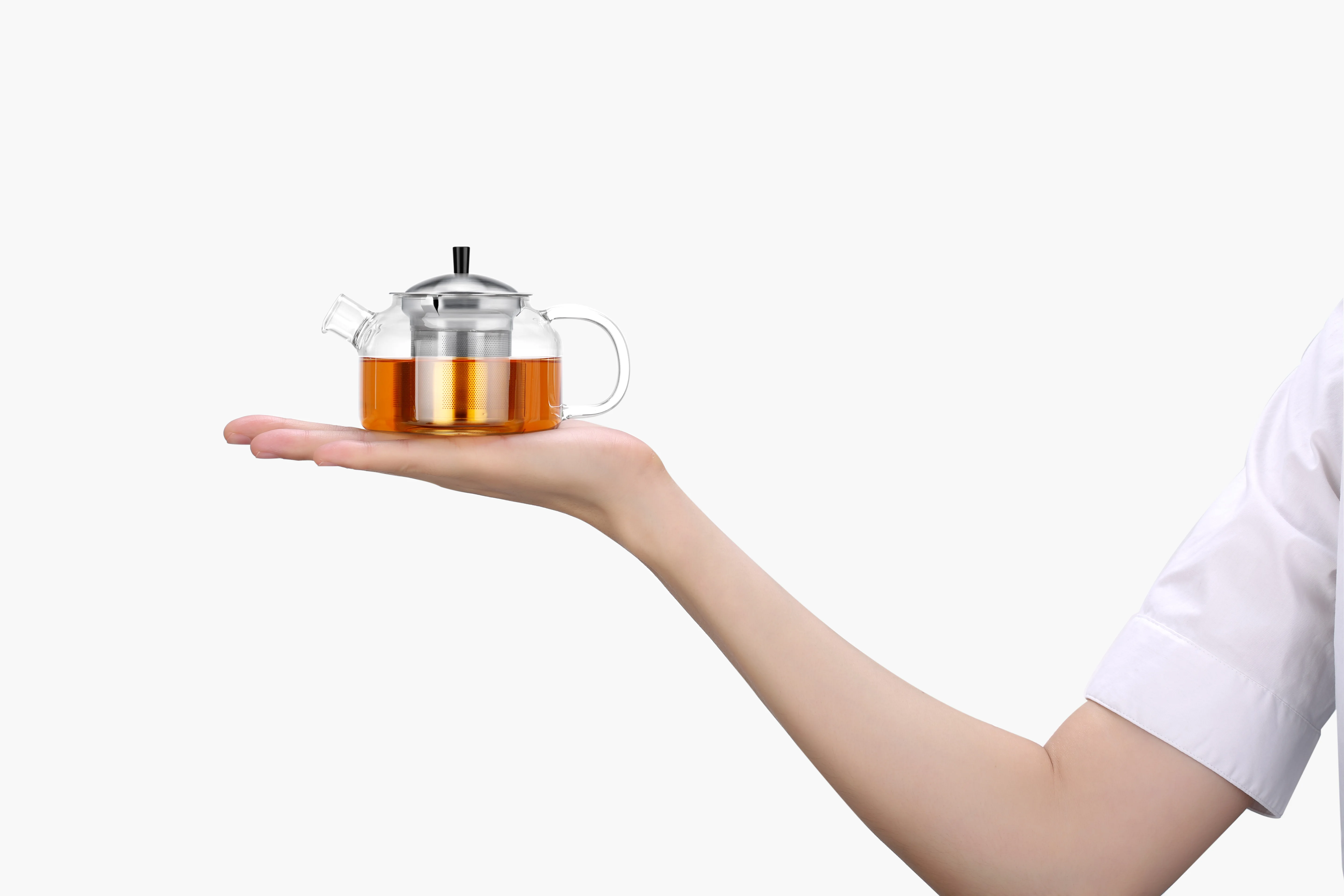 Heat Resistant Glass Borosilicate Glass Kettle 6 Small Tea Cups One Fair Cup Clear Glass Teapot Set with Stainless Steel Infuser