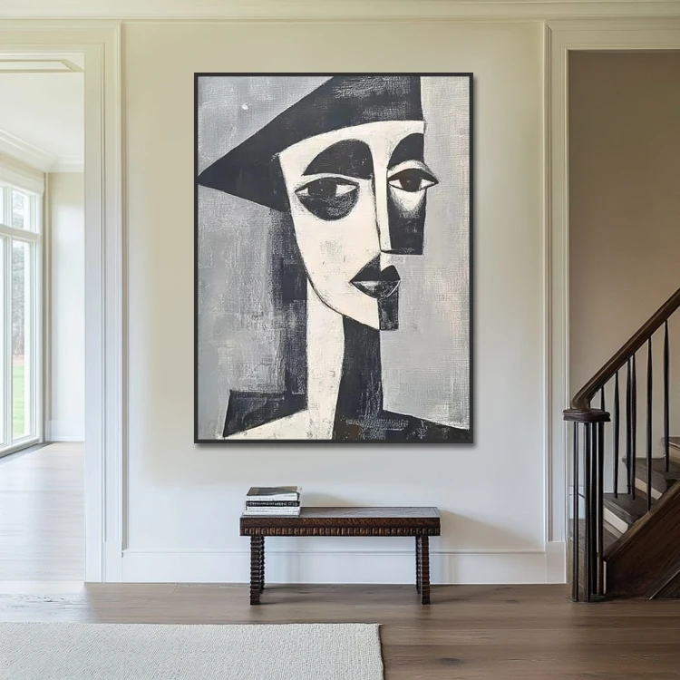 Aesthetic Home Decor Handmade Modern Black White Geometric Woman Face Painting Cubist Portraits Wall Art