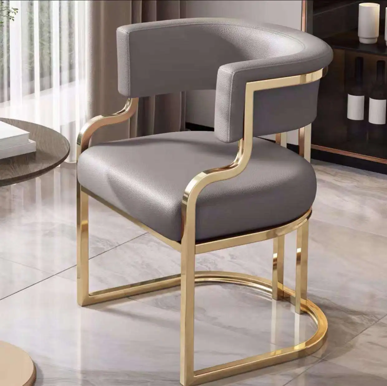 Modern Luxury Cafe Salon Visitor Golden Metal Upholstered Tub Leather Dining Armchair Chairs For Sale