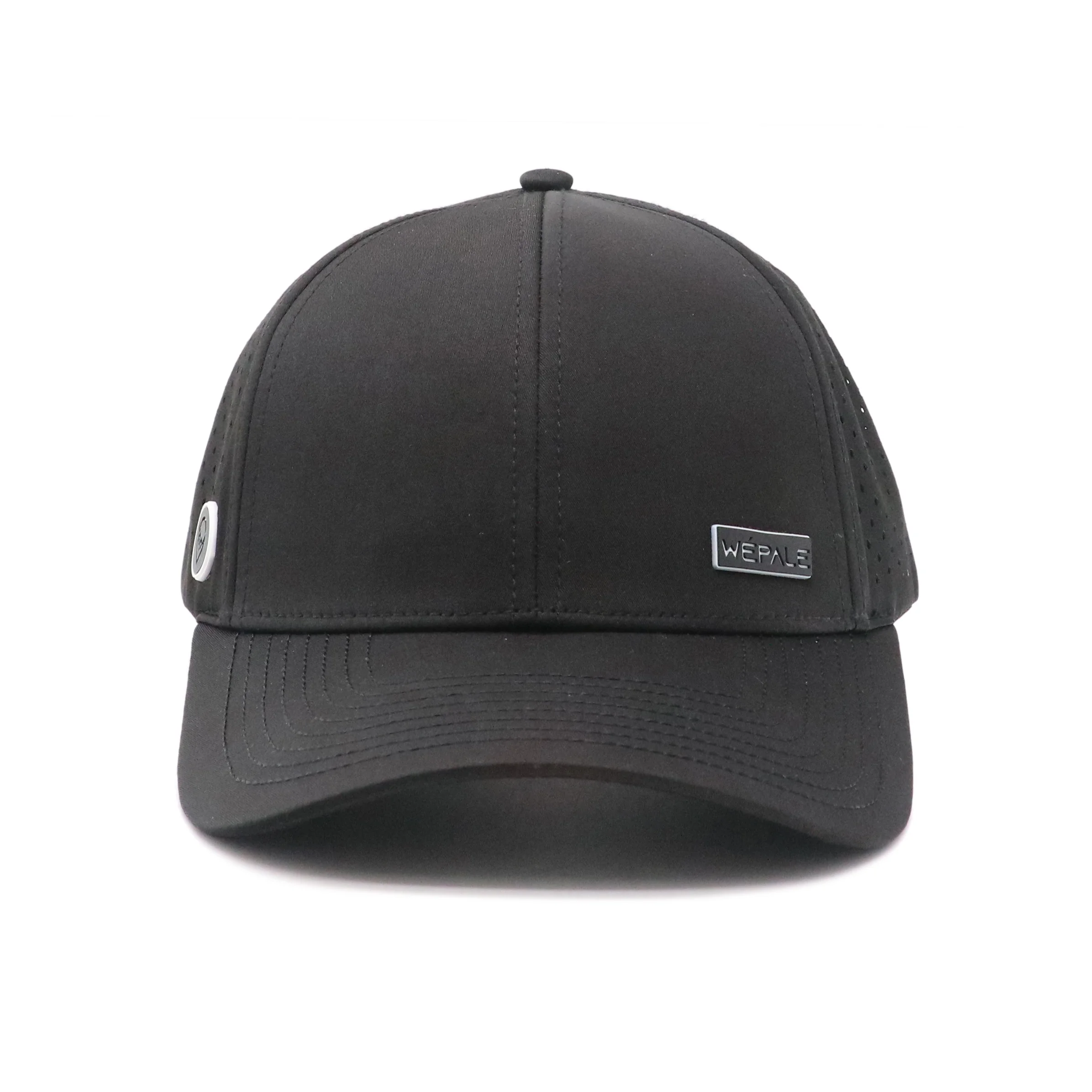 Custom 6 Panel Structured PVC Rubber Patch Black Polyester Waterproof Laser Cut Hole Perforated Sports Baseball Caps