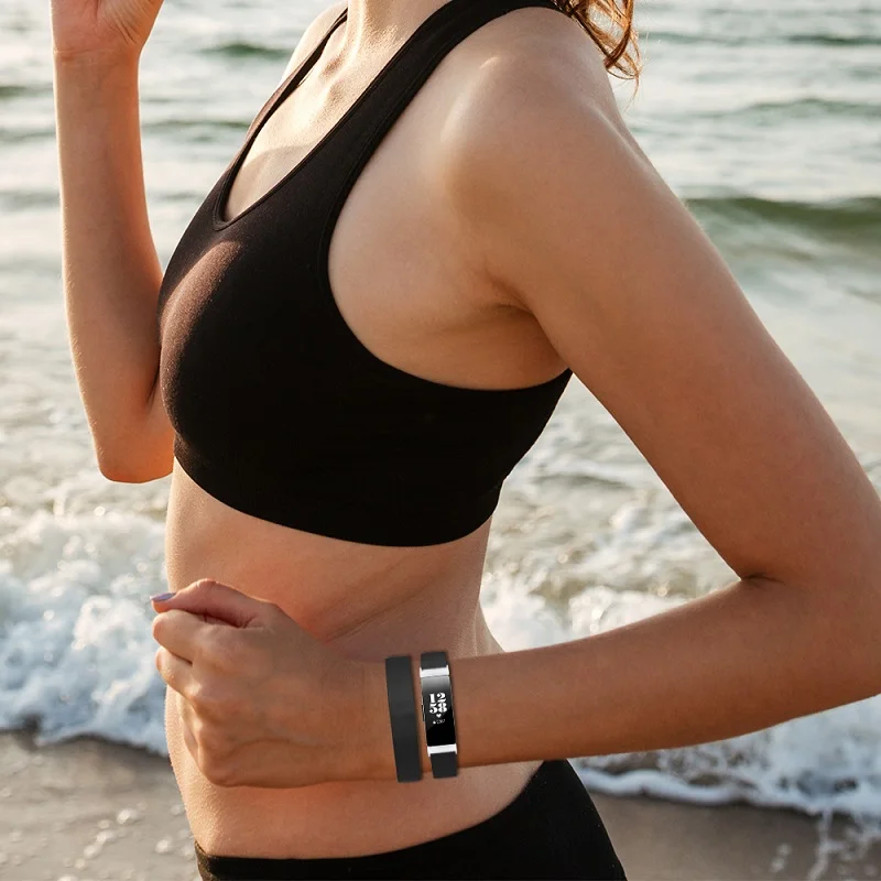 Extra Long for Fitbit Inspire/Inspire HR Wrist Strap Stainless Steel Silver Black Buckle Double Tour Leather Watch Band